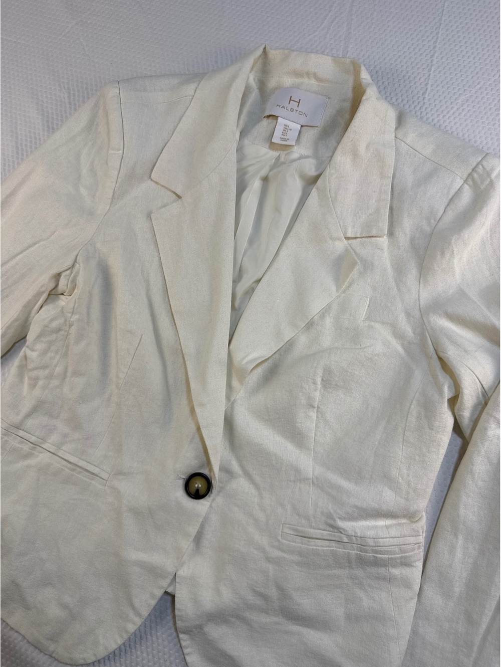 H Halston Linen Blend Blazer Women’s Large Ivory Button Quiet Luxury Business